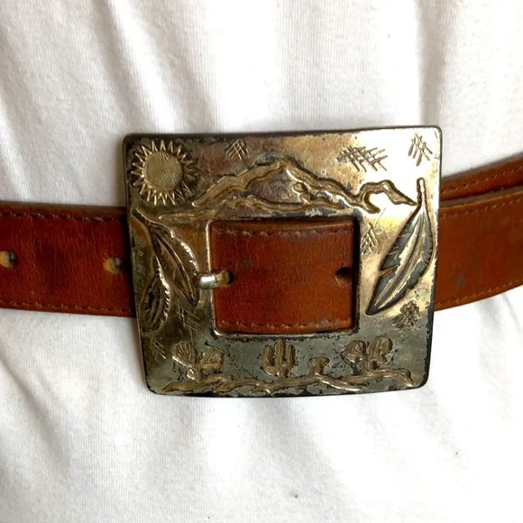 Brown Leather Cowboy Belt with Silvertone Accents - Picture 1 of 10